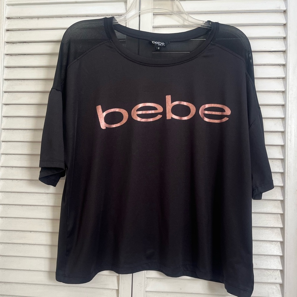 BEBE Sports crop Black meshed shoulder Tee with rose gold Logo